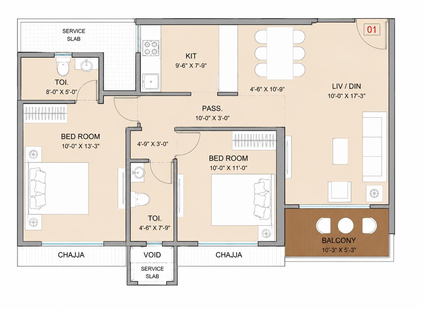 2BHK floor plan