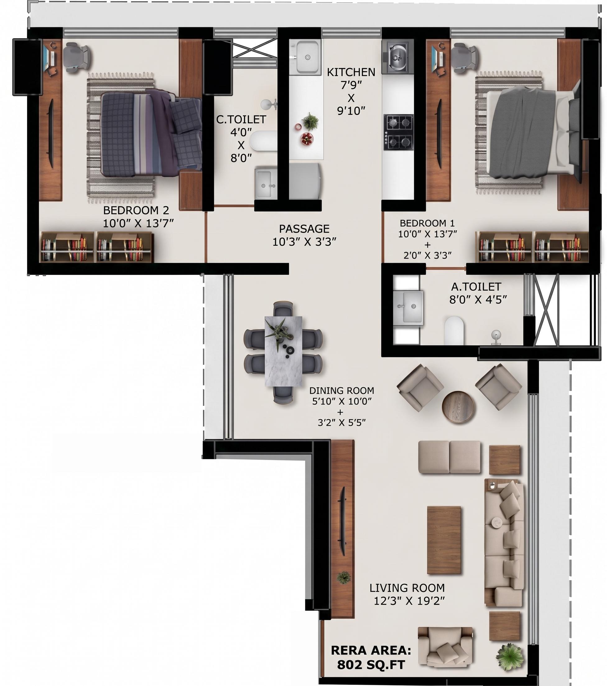 2BHK floor plan