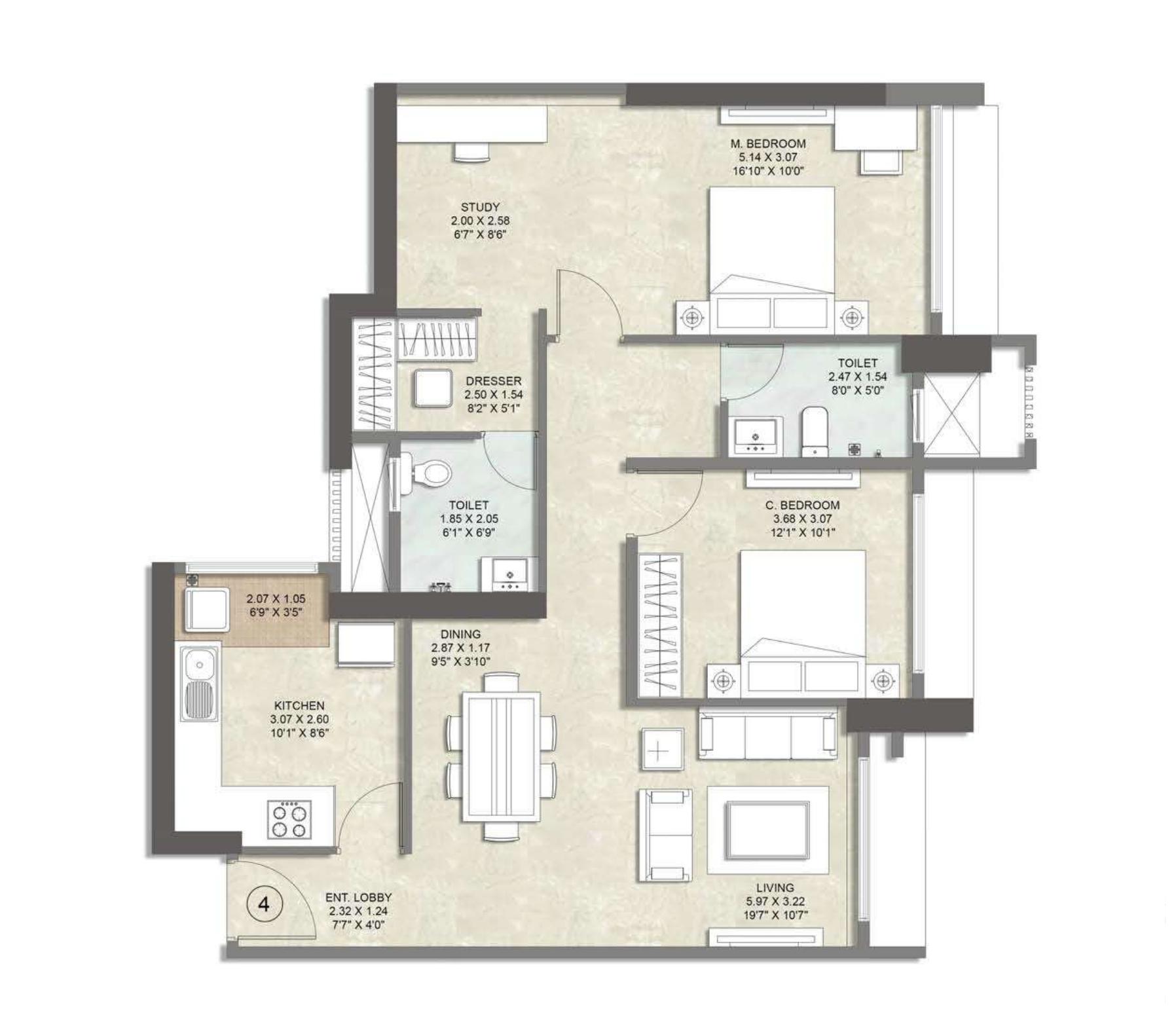 2 BHK (Tower B) floor plan