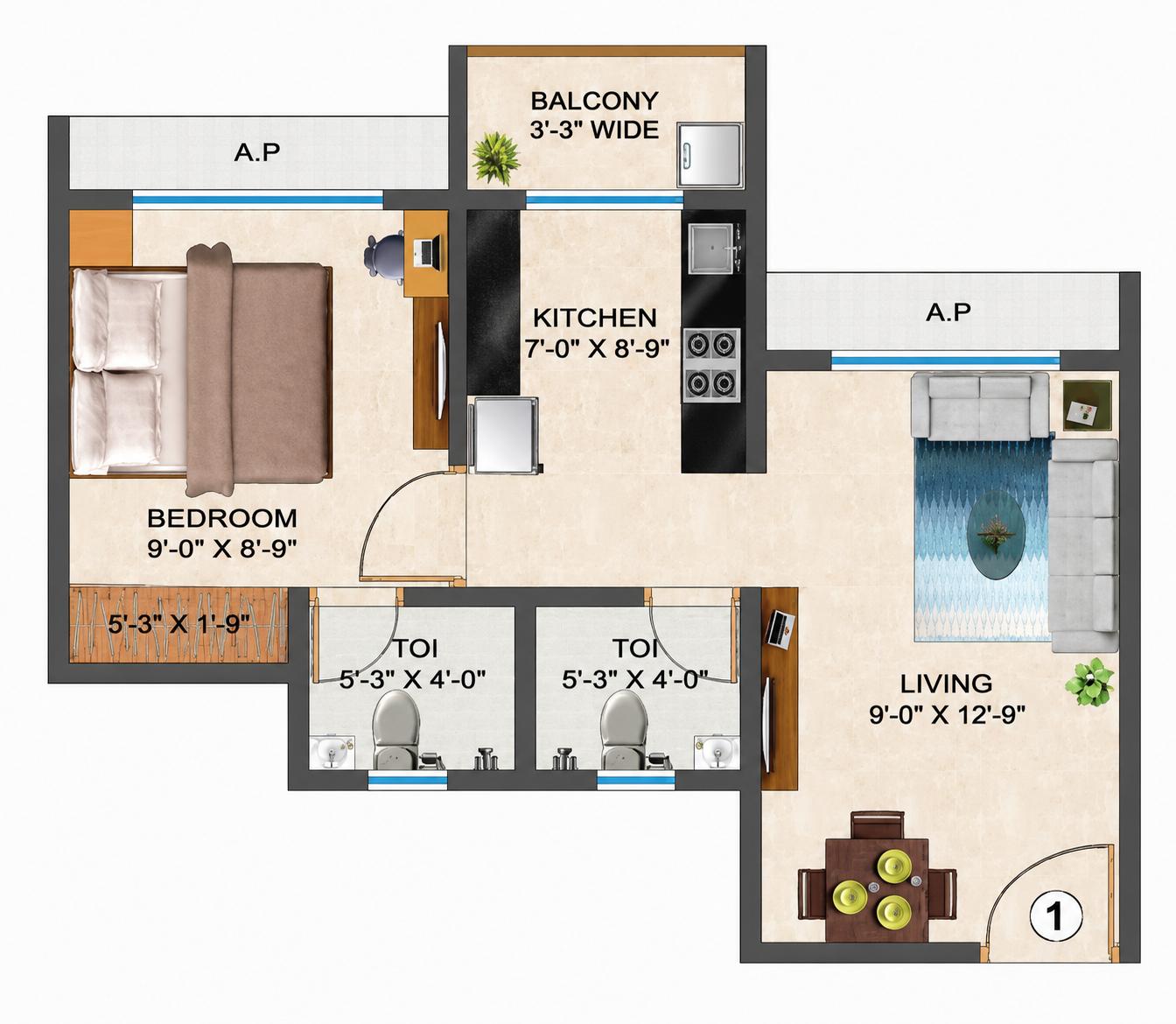 1BHK floor plan