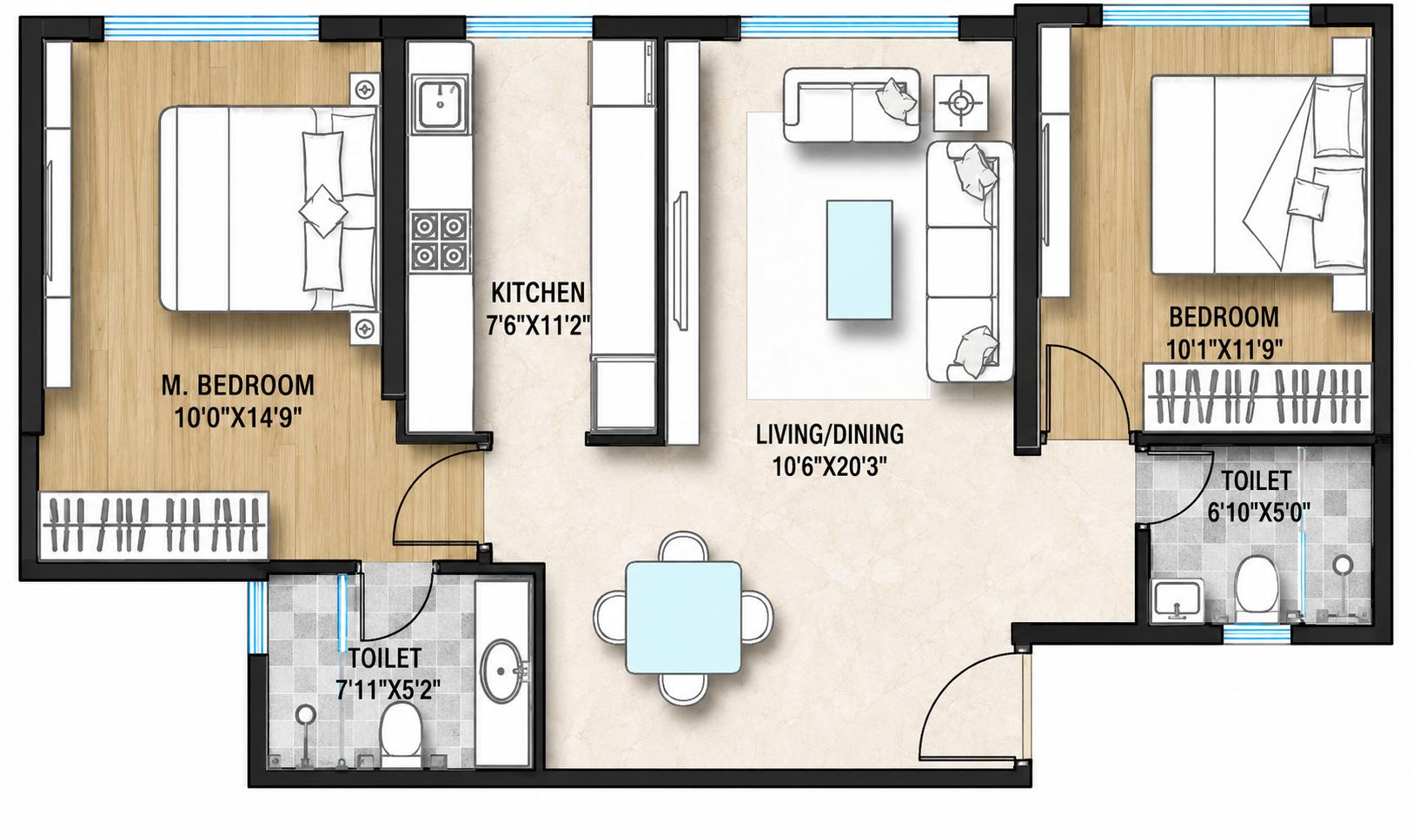 2BHK Type1 floor plan