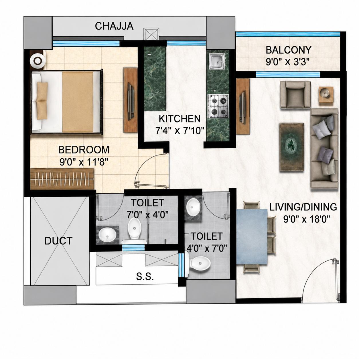 1BHK Type1 floor plan