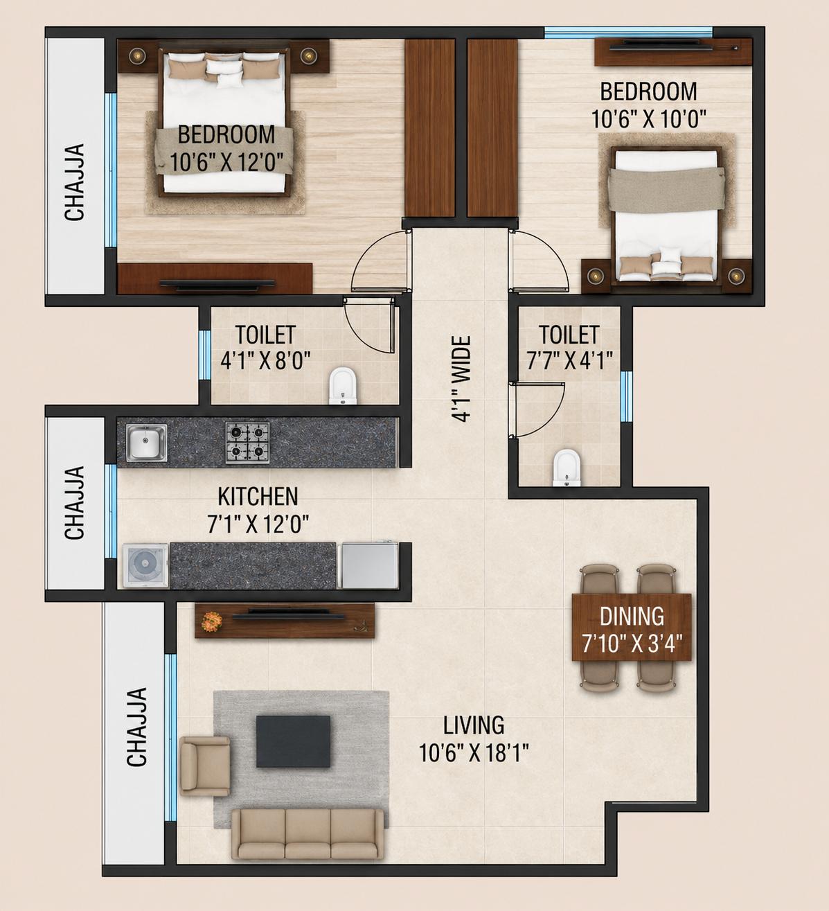 2 BHK Type2 floor plan