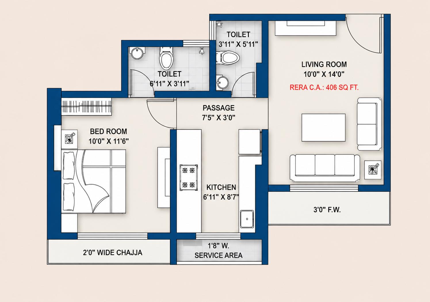 1BHK Type1 floor plan