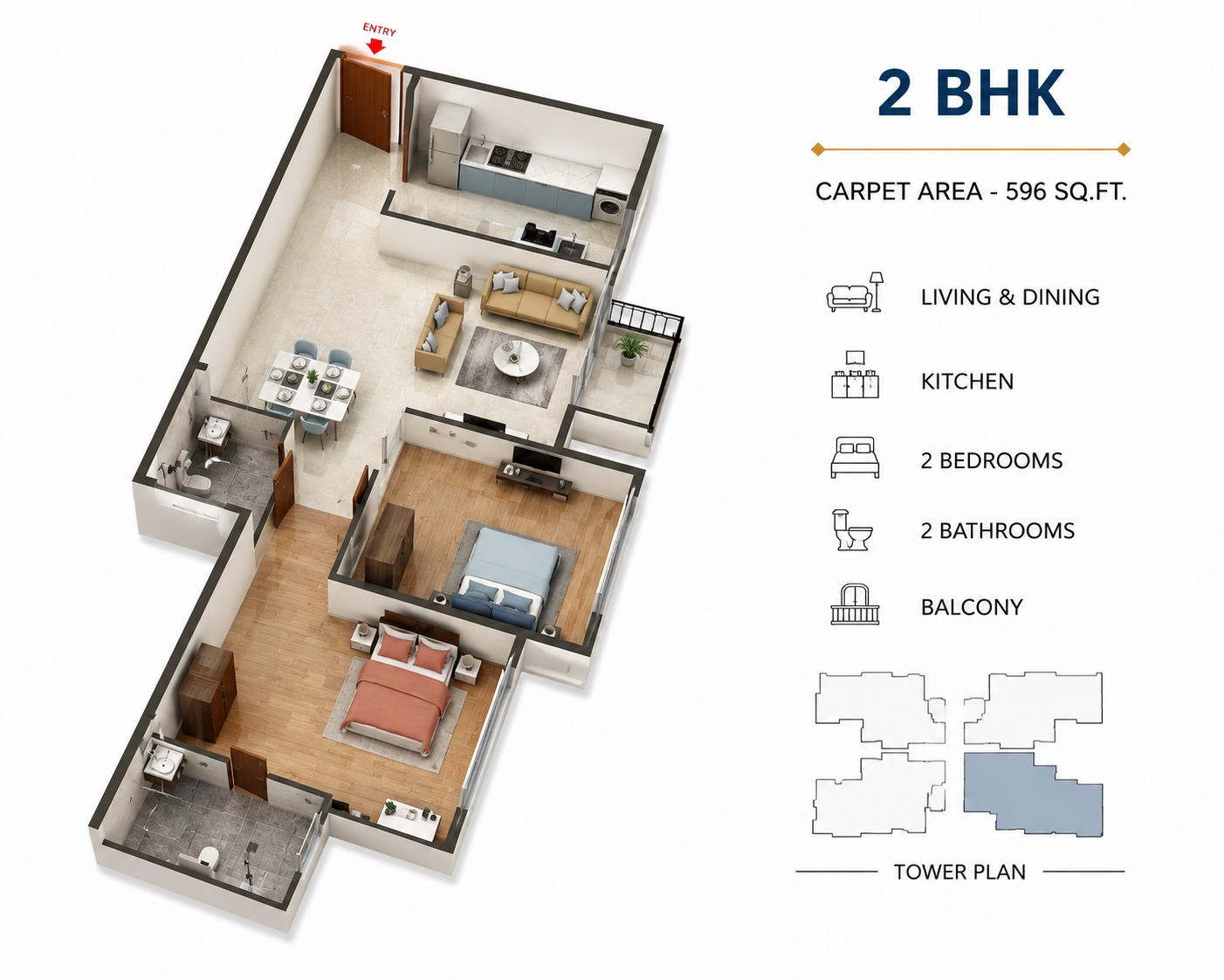 2BHK Grand floor plan
