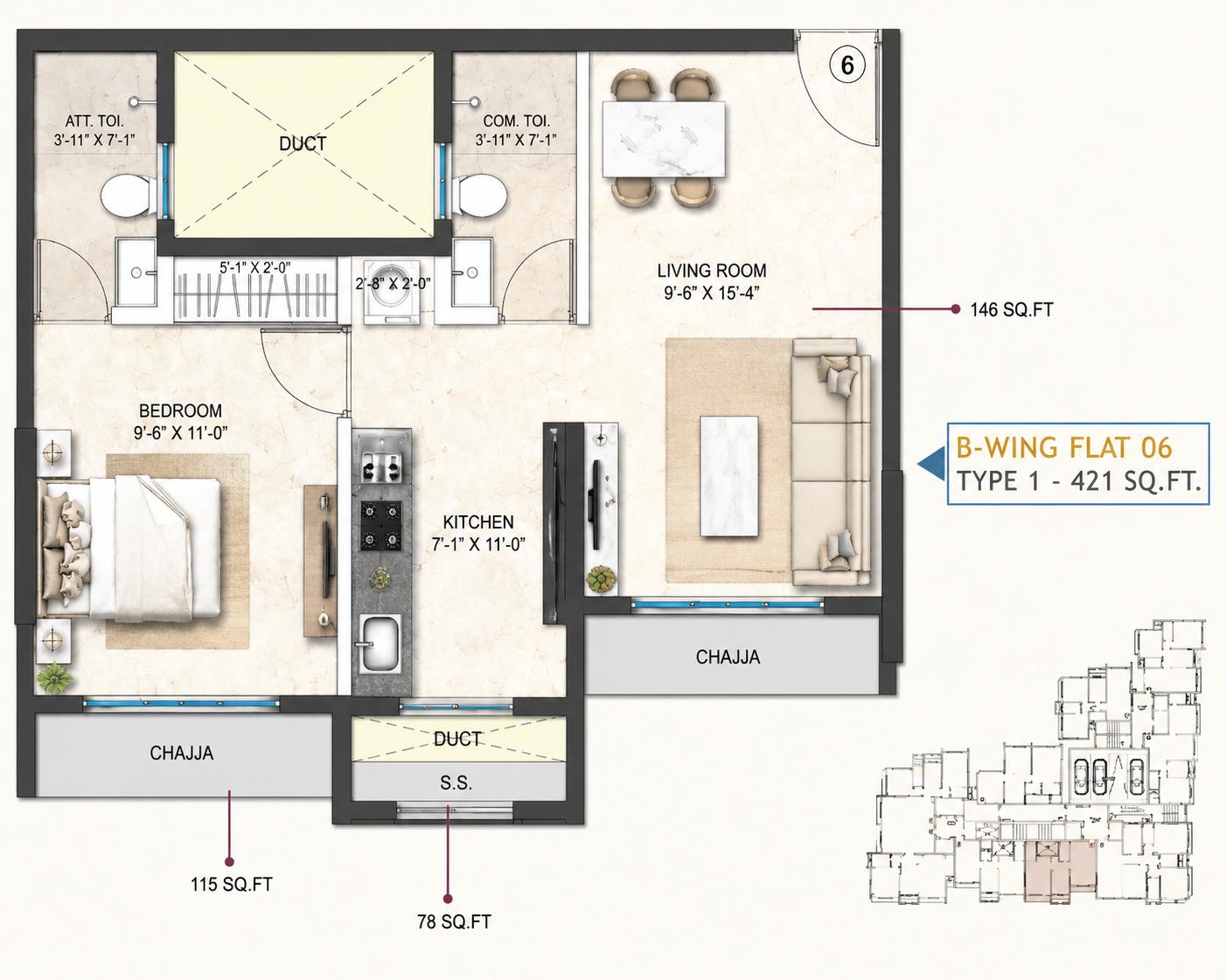 1BHK floor plan