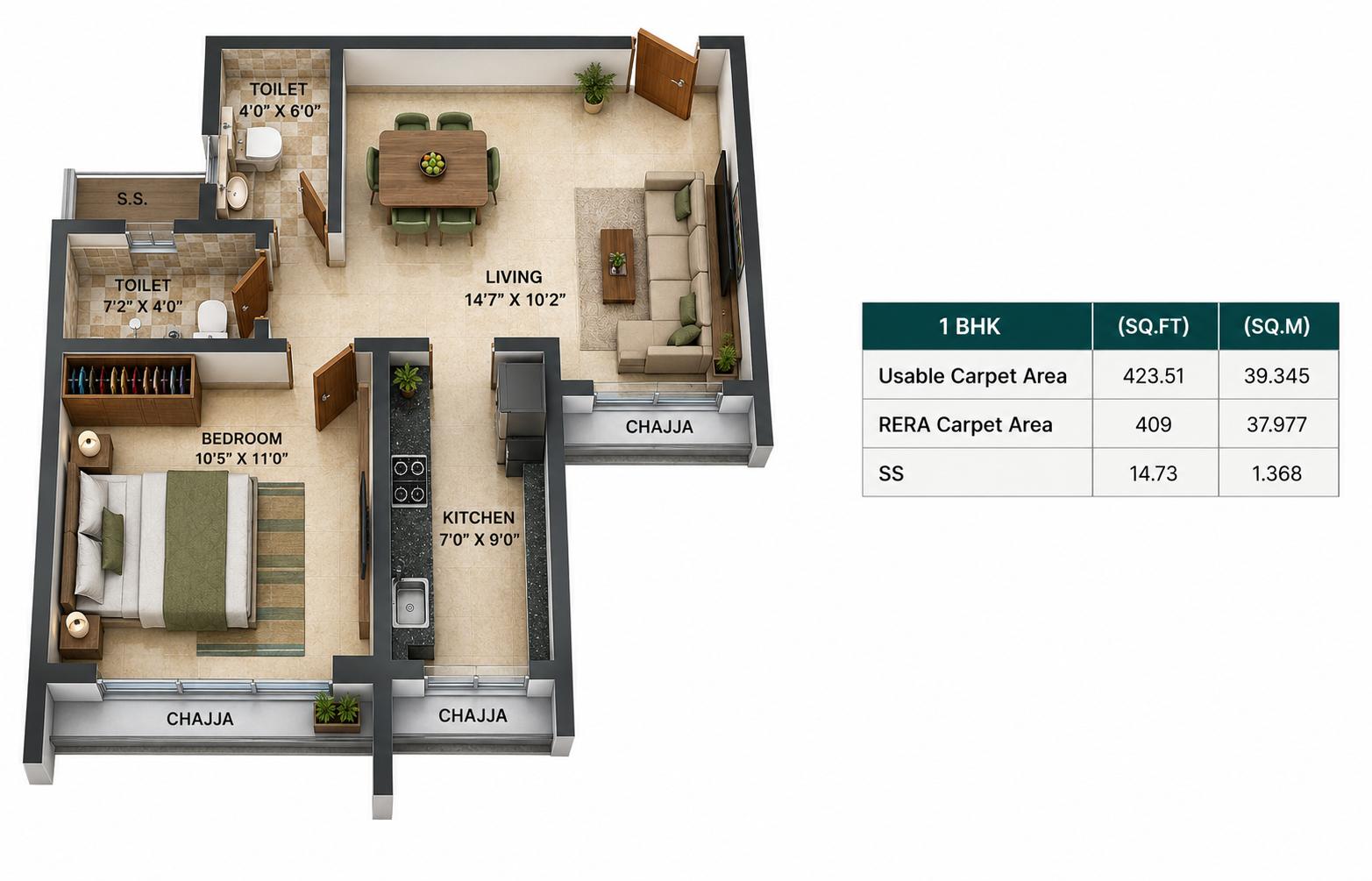 1BHK Premium Plus floor plan
