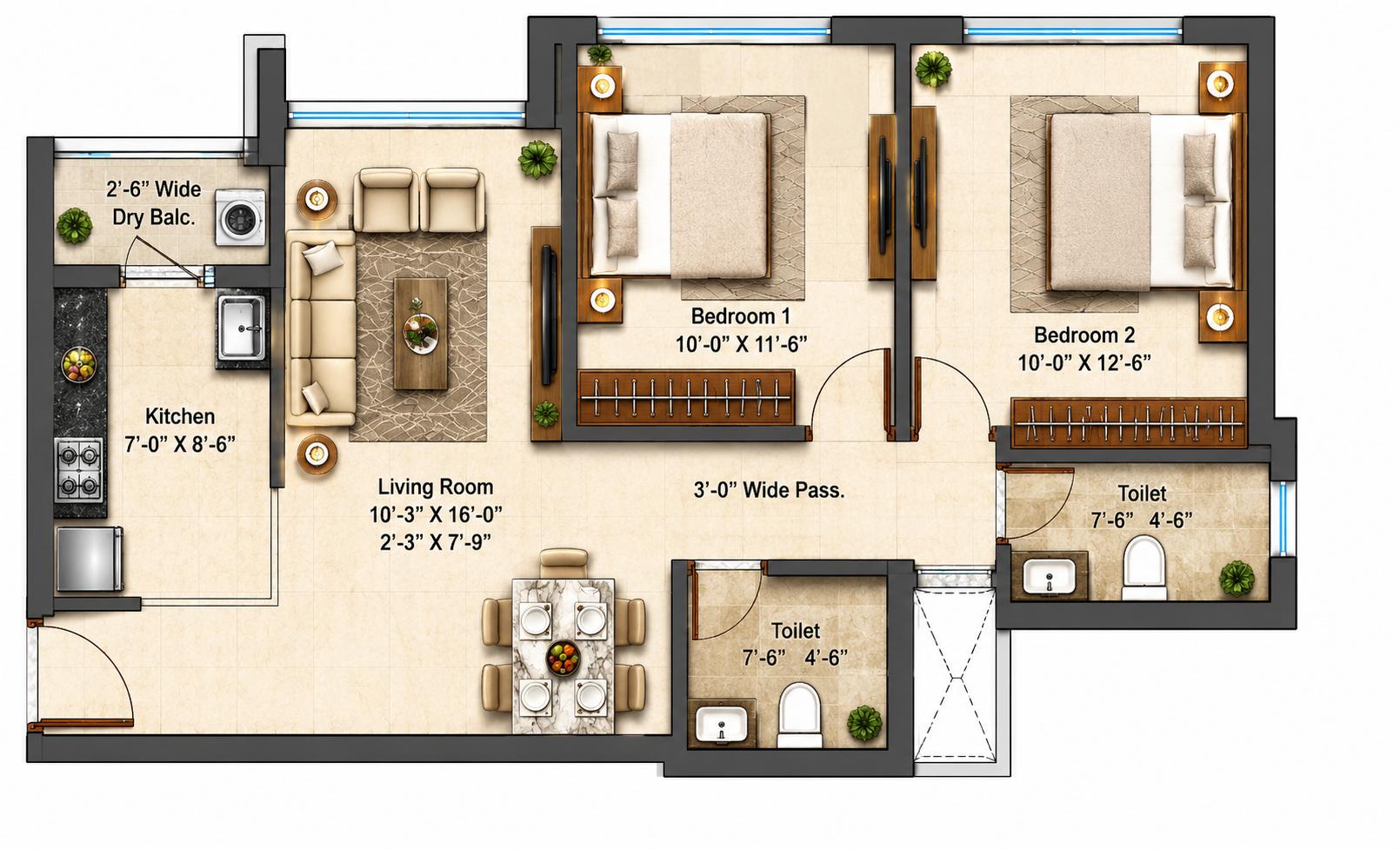 2BHK floor plan