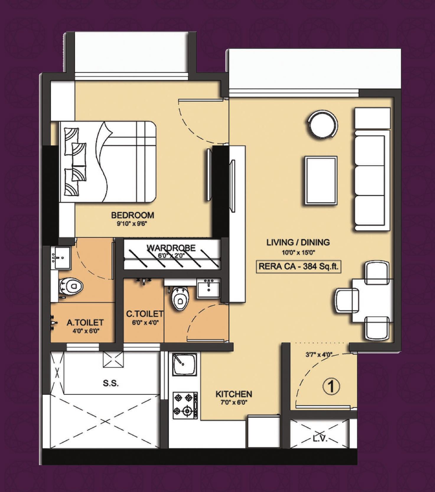1BHK Type1 (Sapphire) floor plan